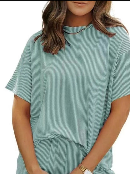 Full Size Ribbed Short Sleeve Top and Shorts Two-Piece Set Plus Size - Premium Sleepwear from Trendsi - Just $34.99! Shop now at Handbags Specialist Headquarter