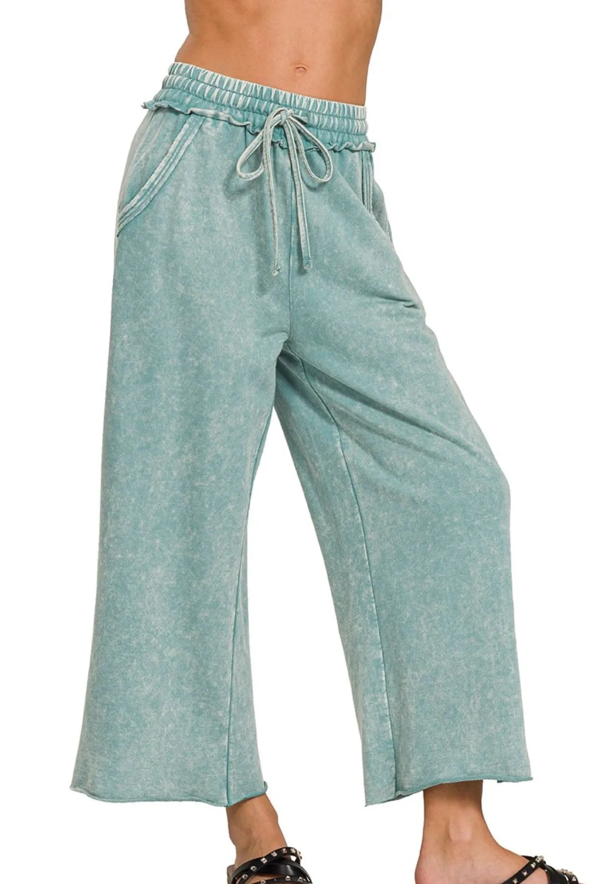 Zenana Washed French Terry Palazzo With Pockets - Premium Women Pants from Trendsi - Just $34.99! Shop now at Handbags Specialist Headquarter