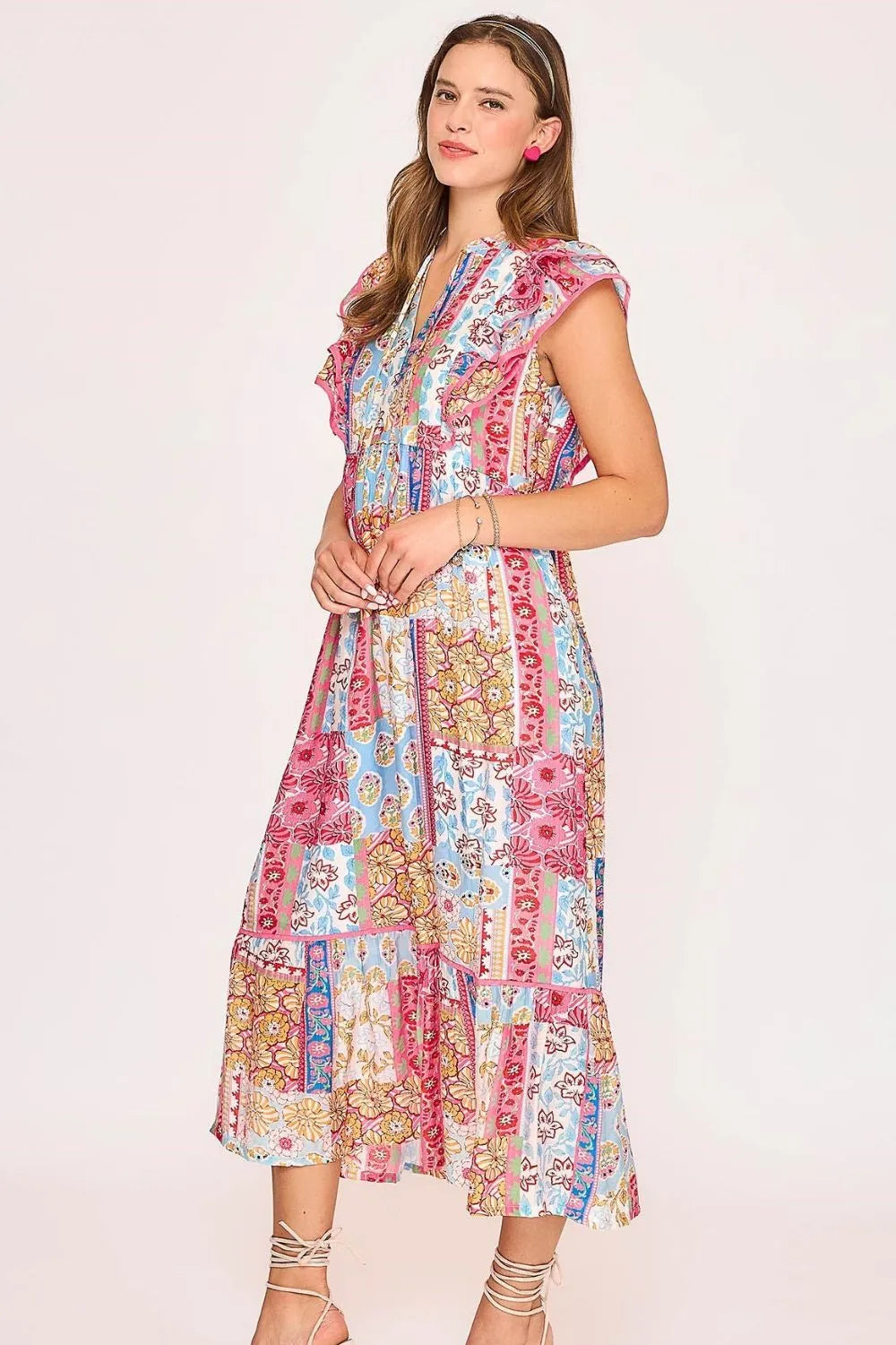 Umgee Full Size Tie Neck Double Layered Ruffle Sleeve Midi Dress Plus Size - Premium Dresses from Trendsi - Just $58.99! Shop now at Handbags Specialist Headquarter