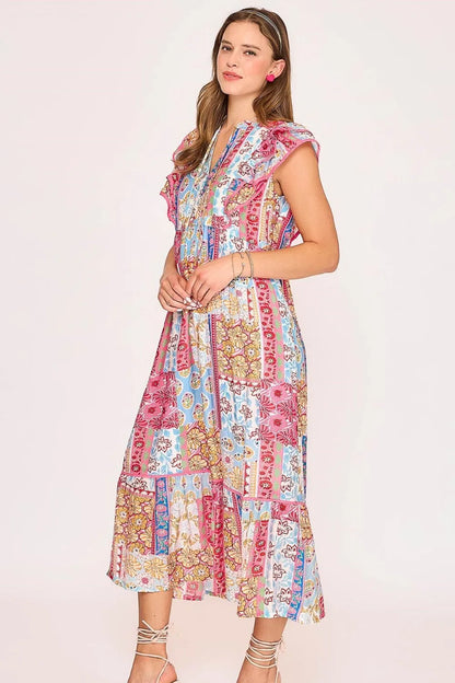 Umgee Full Size Tie Neck Double Layered Ruffle Sleeve Midi Dress Plus Size - Premium Dresses from Trendsi - Just $58.99! Shop now at Handbags Specialist Headquarter