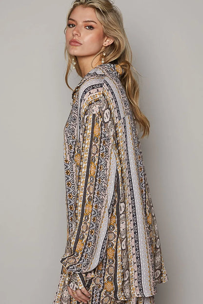 POL Long Sleeve Button Down Printed Shirt - Premium Women's Down Shirt Tops from Trendsi - Just $63.80! Shop now at Handbags Specialist Headquarter