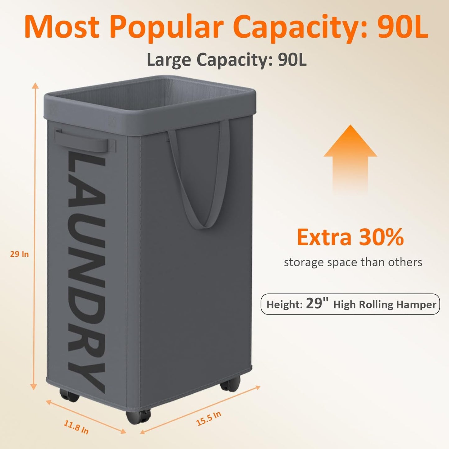 RollAway 90L Laundry Basket with Removable Bag