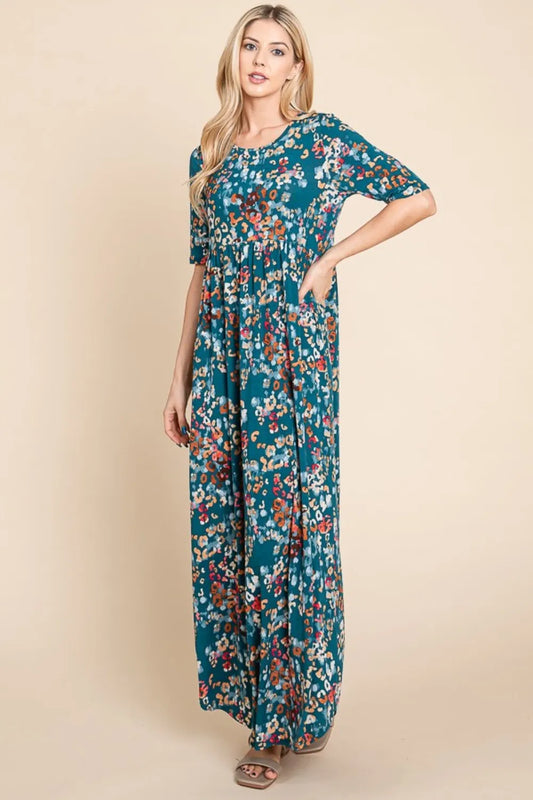 BOMBOM Printed Shirred Maxi Dress - Premium Maxi Dress from Trendsi - Just $51.99! Shop now at Handbags Specialist Headquarter
