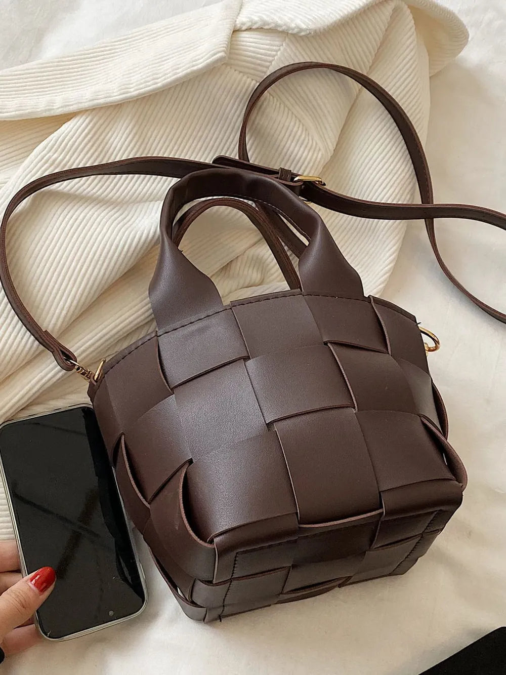 PU Leather Braided Bucket Bag - Premium Tote Bag from Trendsi - Just $33.99! Shop now at Handbags Specialist Headquarter