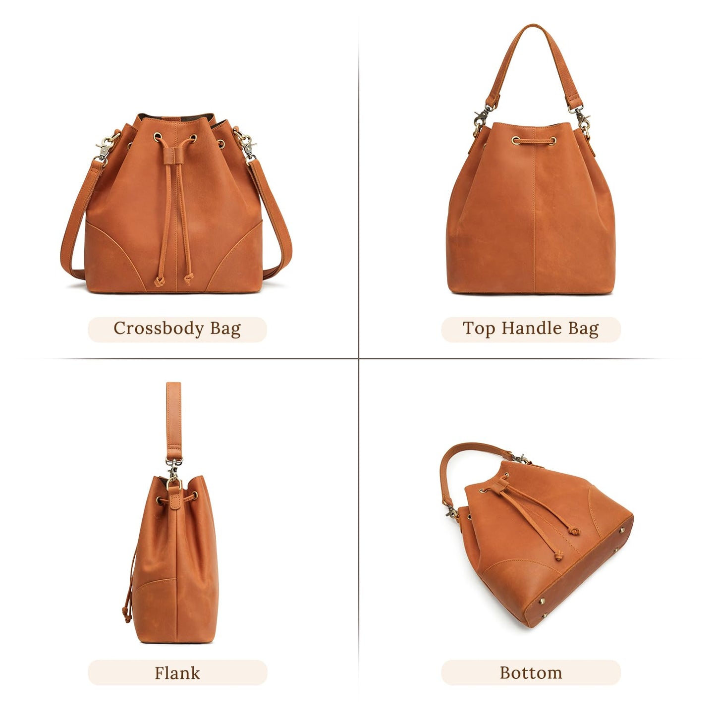 S-ZONE Luxe Leather Drawstring Bucket Bag