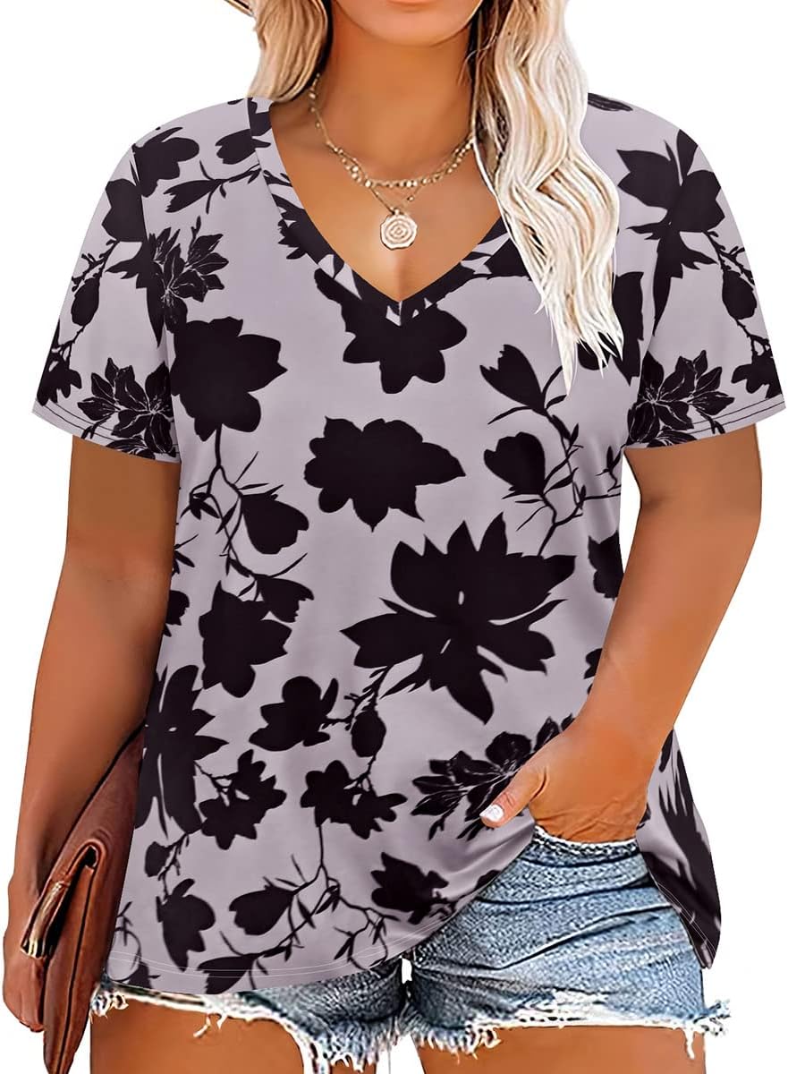 Floral V-Neck Plus Size Tunic Tops for Women