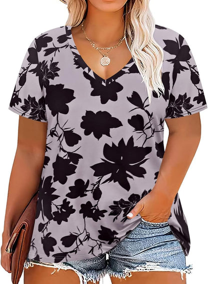 Floral V-Neck Plus Size Tunic Tops for Women