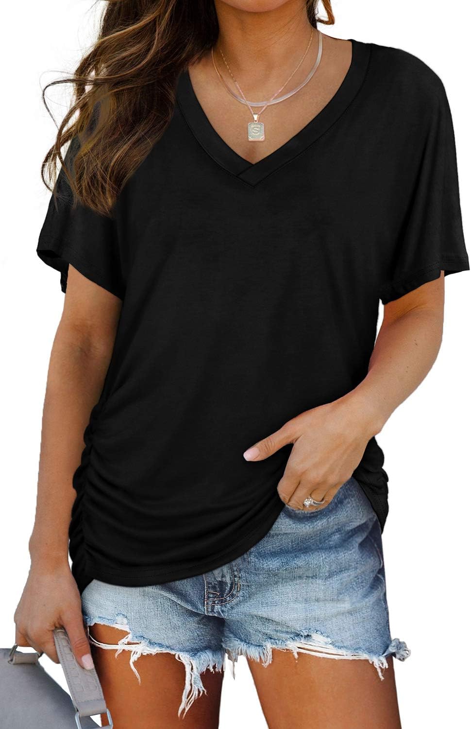 WIHOLL V-Neck Dolman Top with Side Shirring