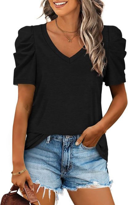 XIEERDUO Summer V-Neck Puff Sleeve Tee - All Sizes