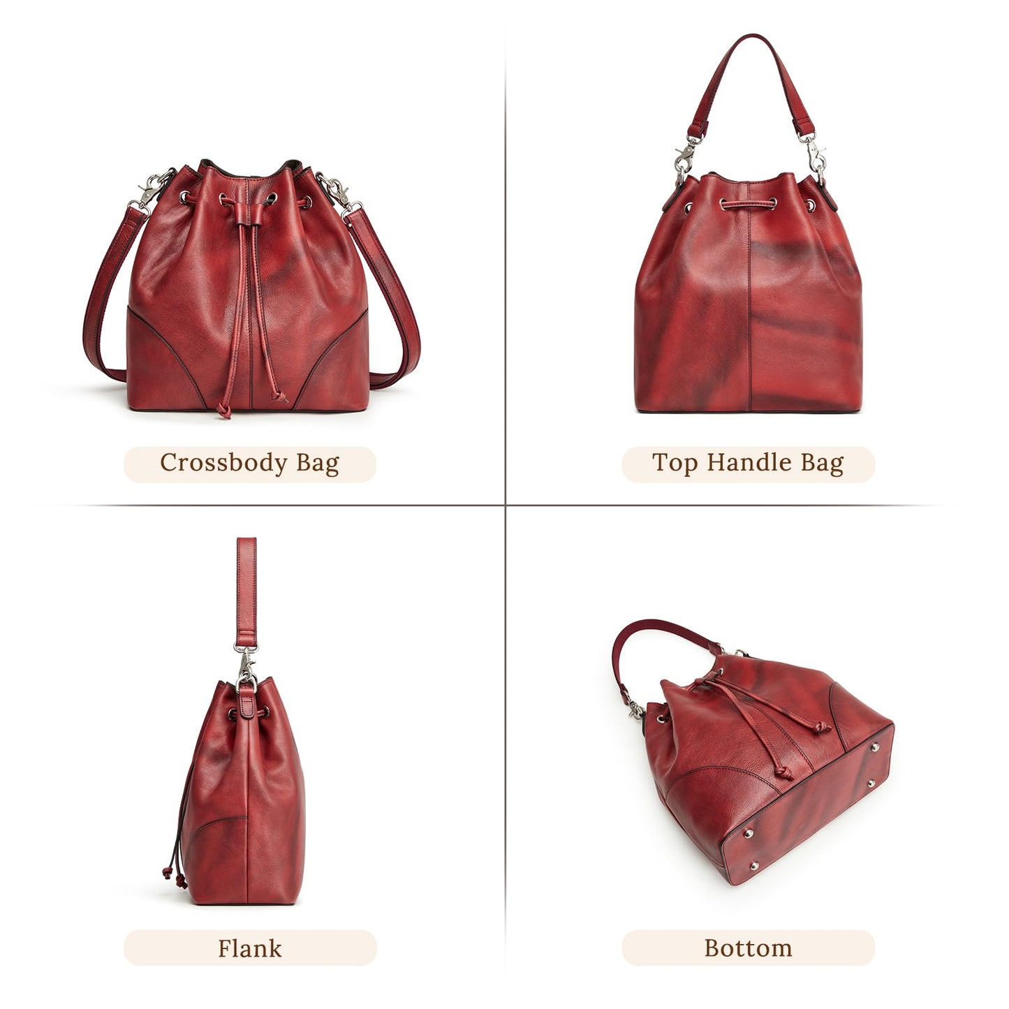 S-ZONE Luxe Leather Drawstring Bucket Bag