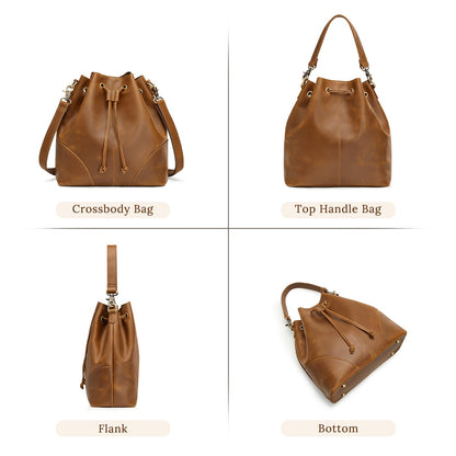 S-ZONE Luxe Leather Drawstring Bucket Bag