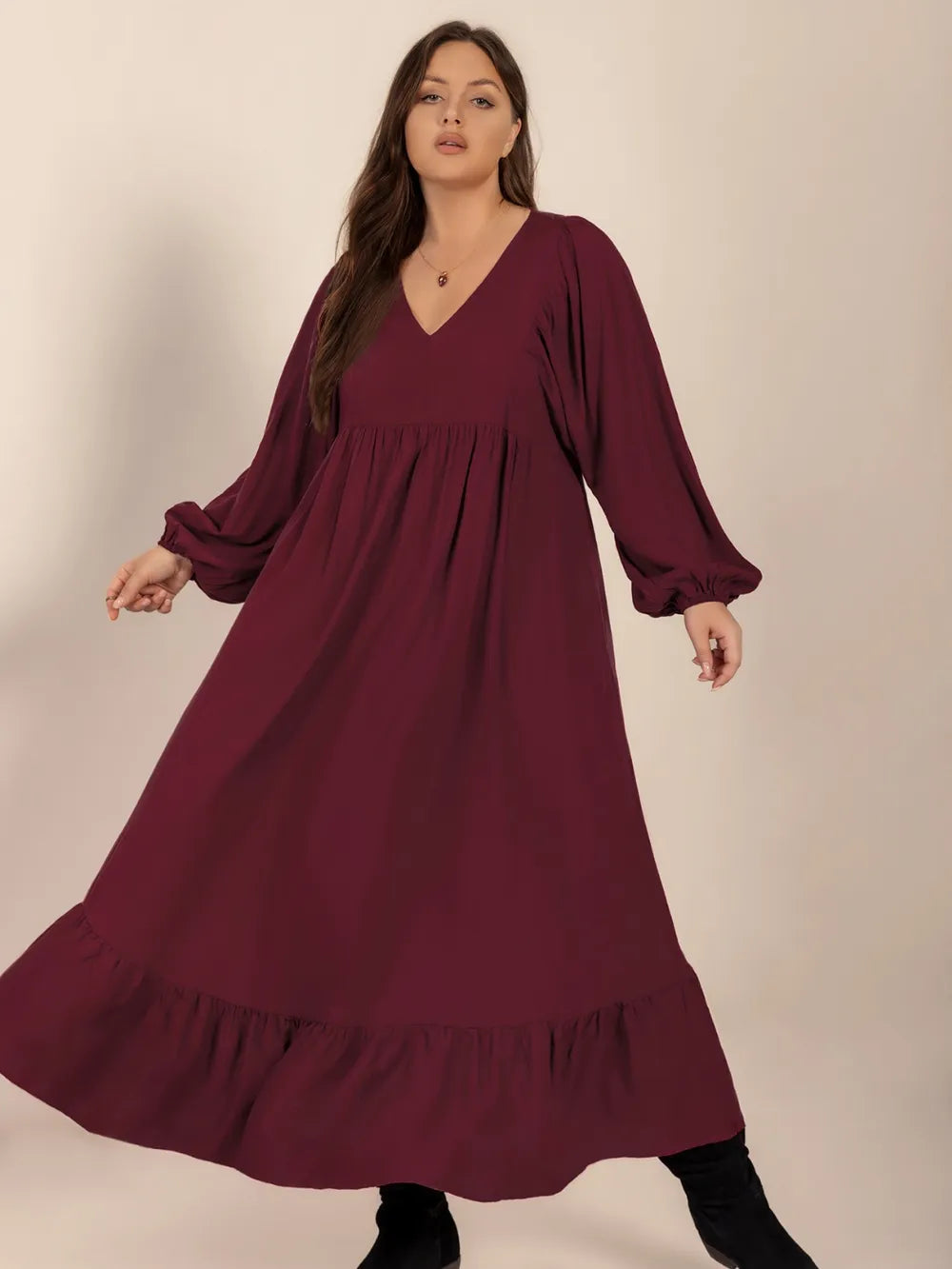 Plus Size Ruffled Hem V-Neck Balloon Sleeve Dress - Premium Dresses from Trendsi - Just $38.99! Shop now at Handbags Specialist Headquarter