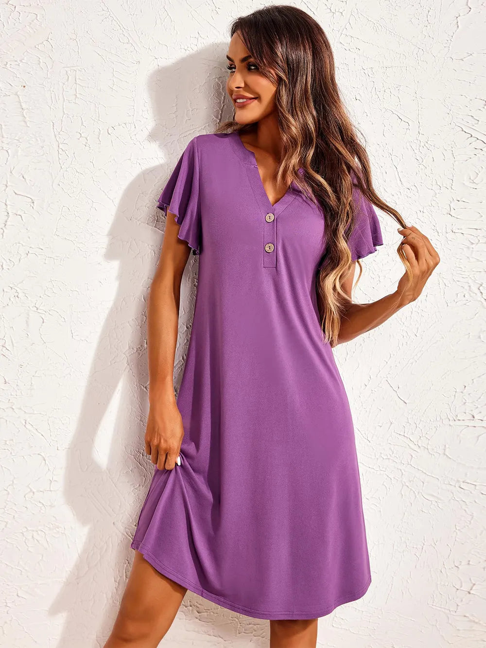 Notched Short Sleeve Lounge Dress - Premium Sleepwear from Trendsi - Just $27.94! Shop now at Handbags Specialist Headquarter