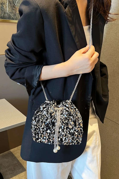 Sequin Chain Drawstring Bucket Bag - Premium Crossbody Bag from Trendsi - Just $21.99! Shop now at Handbags Specialist Headquarter