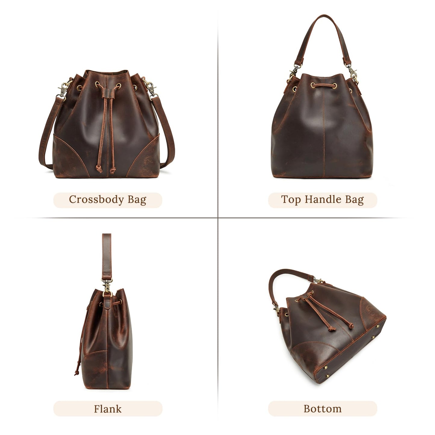 S-ZONE Luxe Leather Drawstring Bucket Bag