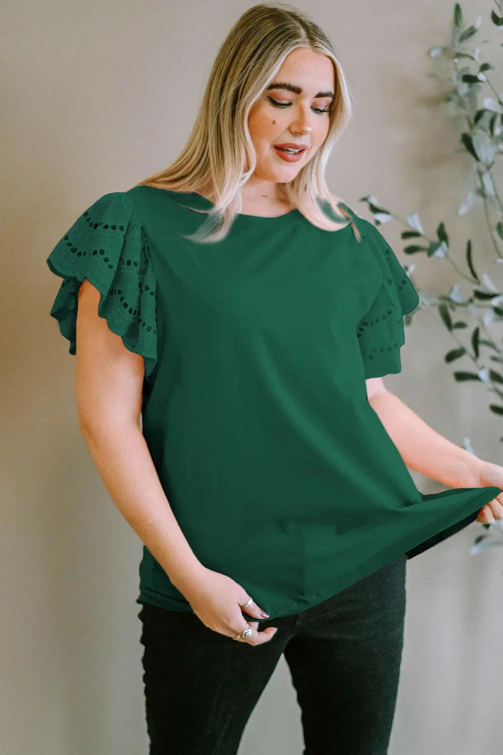 Plus Size Eyelet Round Neck Short Sleeve Blouse.