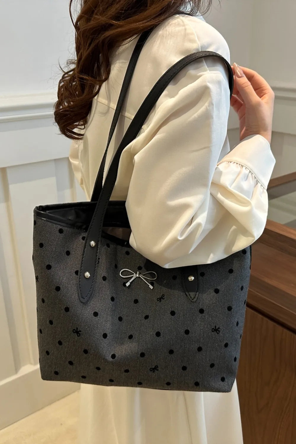 Bow Trim Polyester Tote Bag - Premium Tote Bag from Trendsi - Just $39.99! Shop now at Handbags Specialist Headquarter