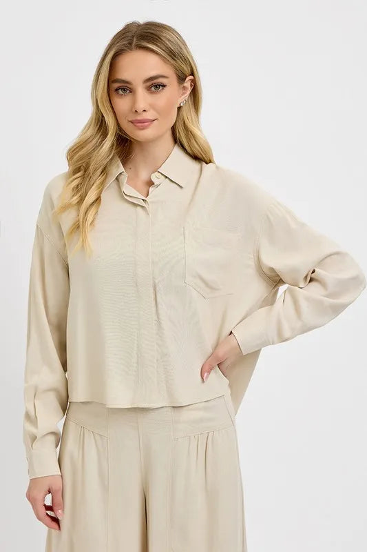 RISEN Button Down Long Sleeve Shirt - Premium Women's Down Shirt Tops from Trendsi - Just $45.72! Shop now at Handbags Specialist Headquarter