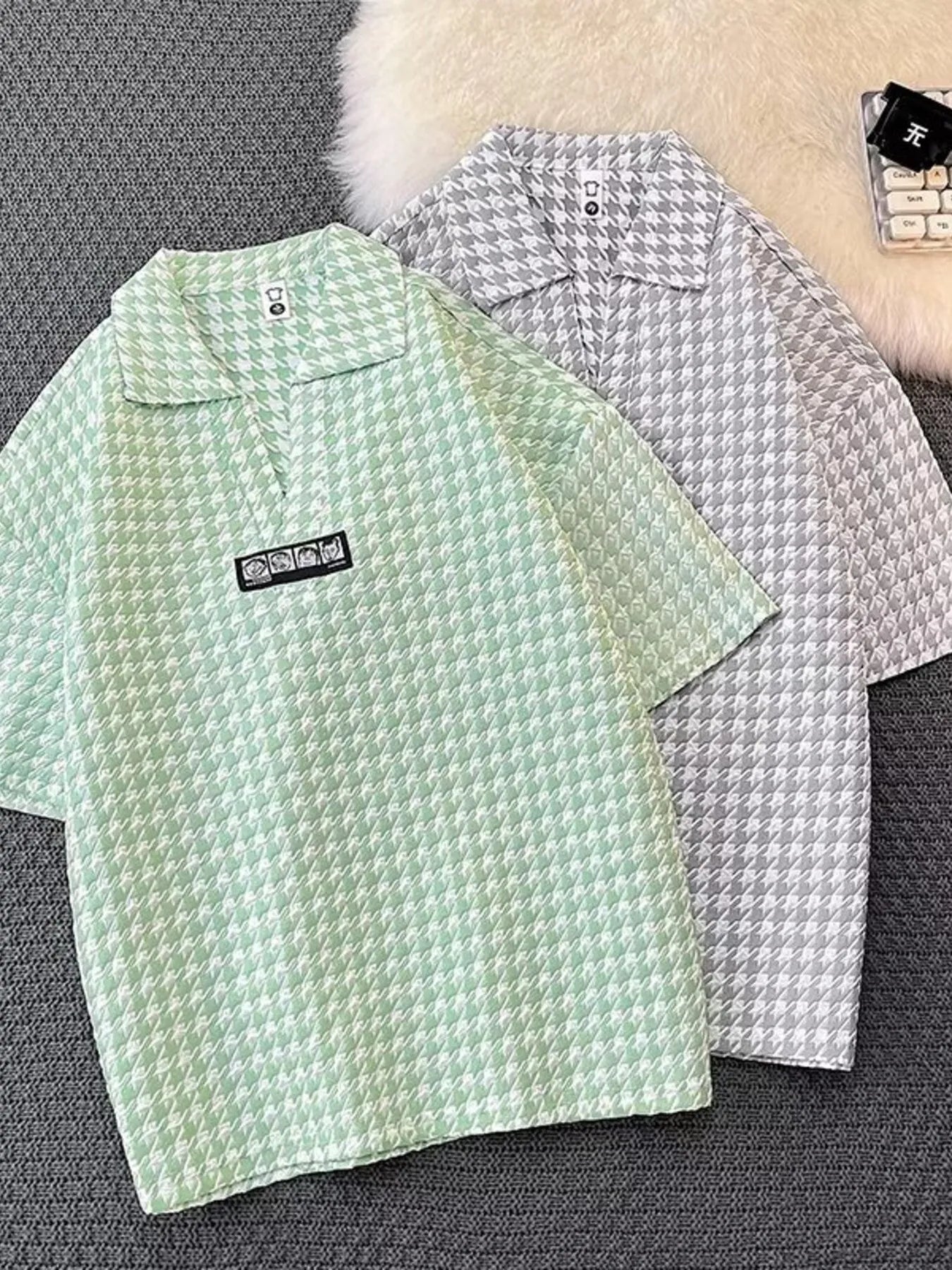 Men's Plus Size Houndstooth Pattern Short Sleeve Polo Shirt - Premium Men's Polo shirt from Trendsi - Just $22.99! Shop now at Handbags Specialist Headquarter