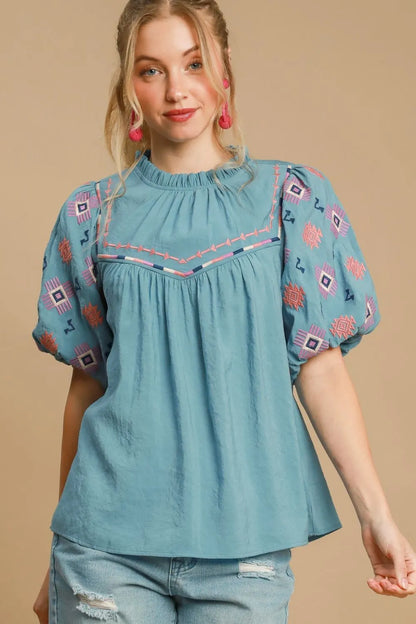 Umgee Full Size Embroidered Puff Sleeve Mock Neck Top Plus Size - Premium Dresses from Trendsi - Just $51.99! Shop now at Handbags Specialist Headquarter