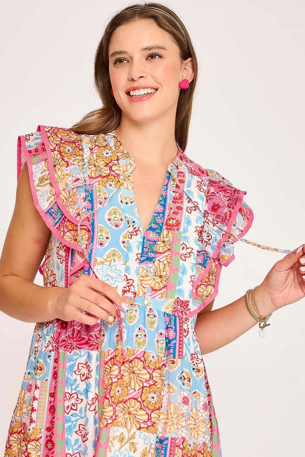 Umgee Full Size Tie Neck Double Layered Ruffle Sleeve Midi Dress Plus Size - Premium Dresses from Trendsi - Just $58.99! Shop now at Handbags Specialist Headquarter