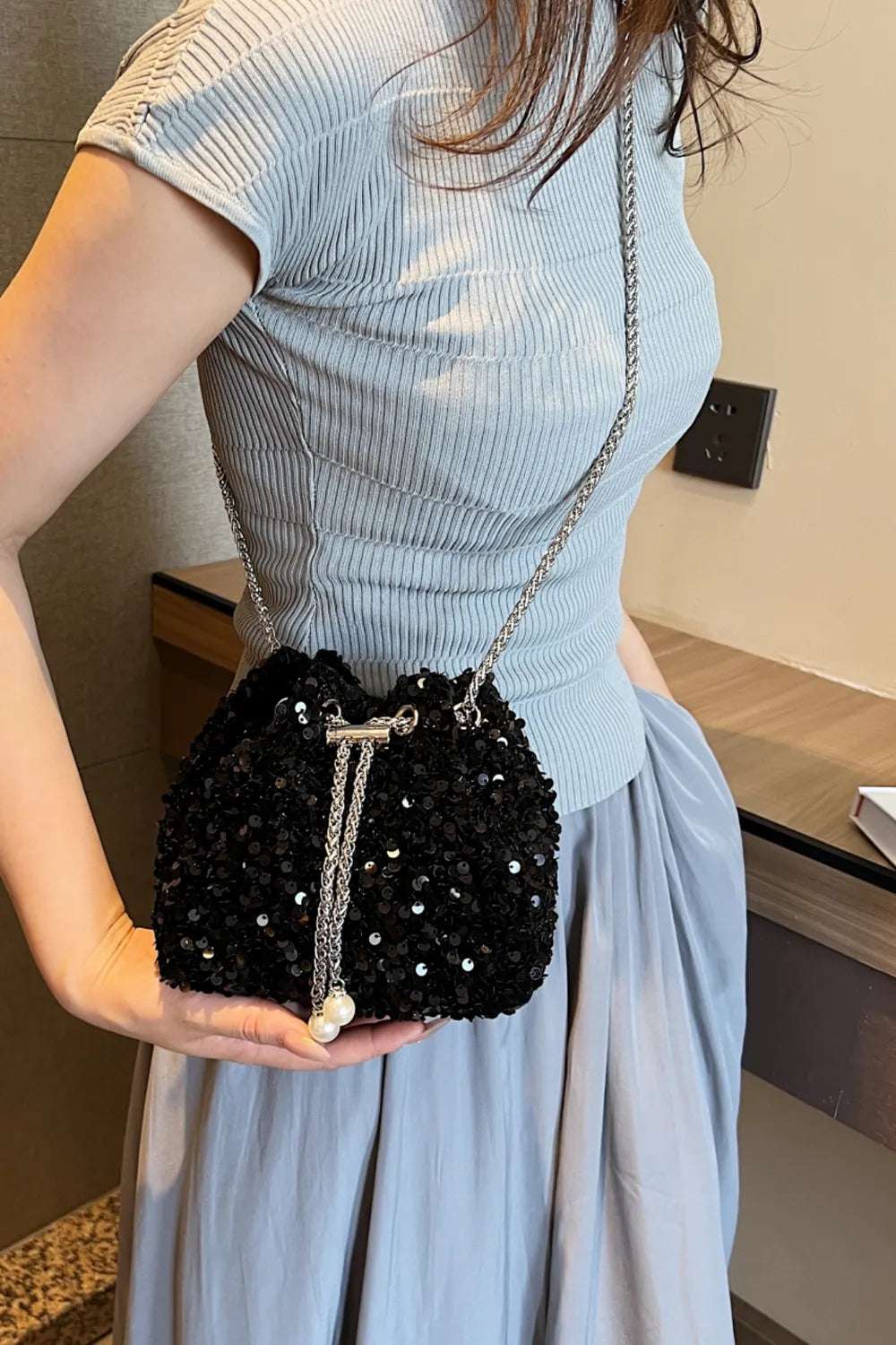 Sequin Chain Drawstring Bucket Bag - Premium Crossbody Bag from Trendsi - Just $21.99! Shop now at Handbags Specialist Headquarter