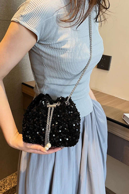 Sequin Chain Drawstring Bucket Bag - Premium Crossbody Bag from Trendsi - Just $21.99! Shop now at Handbags Specialist Headquarter