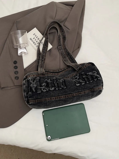 Letter Raw Edge Denim Handbag - Premium Tote Bag from Trendsi - Just $33.99! Shop now at Handbags Specialist Headquarter