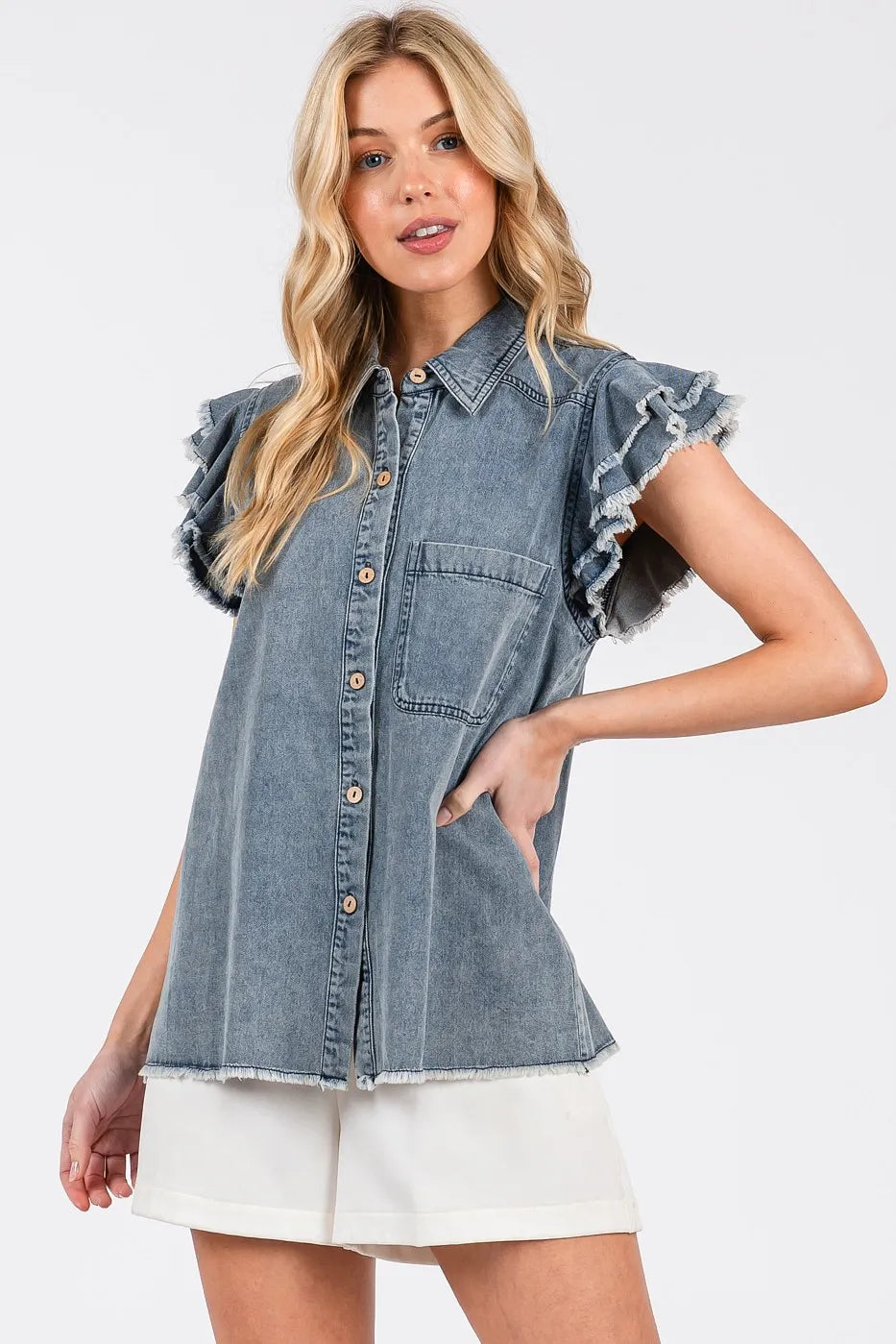 Mittoshop Washed Denim Ruffle Short Sleeve Collared Shirt - Premium Women / Jeans & Denim from Trendsi - Just $53.80! Shop now at Handbags Specialist Headquarter