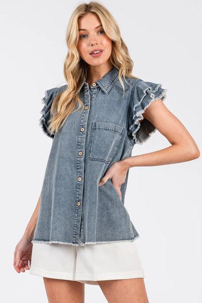 Mittoshop Washed Denim Ruffle Short Sleeve Collared Shirt - Premium Women / Jeans & Denim from Trendsi - Just $53.80! Shop now at Handbags Specialist Headquarter