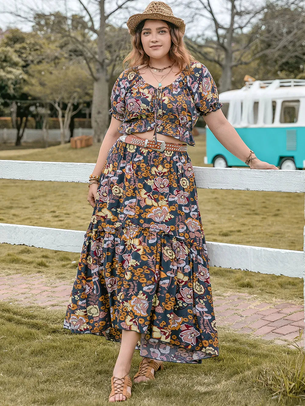 Plus Size Tie Neck Short Sleeve Top and Skirt Set - Premium  from Trendsi - Just $50.99! Shop now at Handbags Specialist Headquarter
