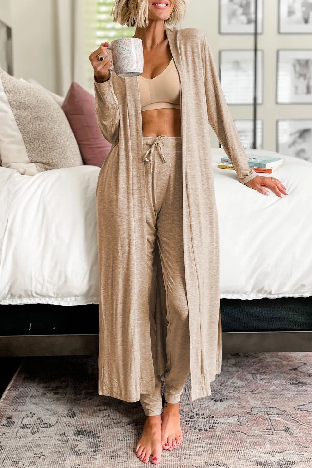 Open Front Long Sleeve Cardigan and Pants Lounge Set - Premium Sleepwear from Trendsi - Just $48.52! Shop now at Handbags Specialist Headquarter