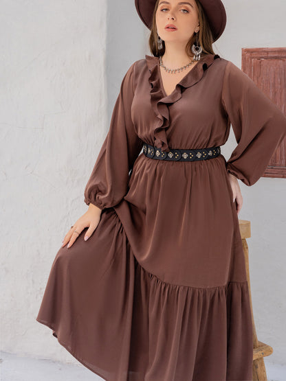 Plus Size V-Neck Ruffle Trim Maxi Dress - Premium Dresses from Trendsi - Just $53.99! Shop now at Handbags Specialist Headquarter