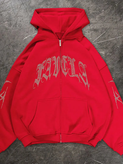 Men's Rhinestone Letter Zip Up Long Sleeve Hoodie - Premium Men's Sweatshirts from Trendsi - Just $31.02! Shop now at Handbags Specialist Headquarter