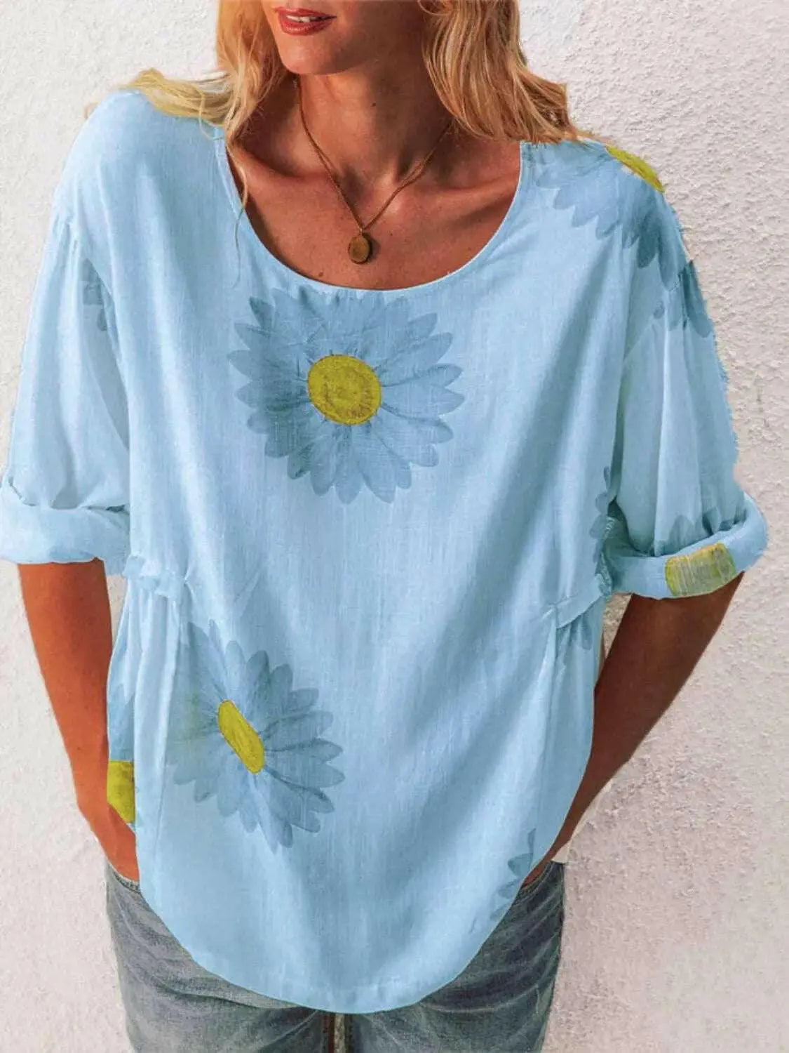 Full Size Flower Round Neck Half Sleeve T-Shirt Plus Size.