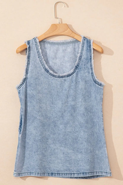 Mineral Wash Denim Frayed U Neck Sleeveless Top - Premium Women / Jeans & Denim from Trendsi - Just $30.96! Shop now at Handbags Specialist Headquarter