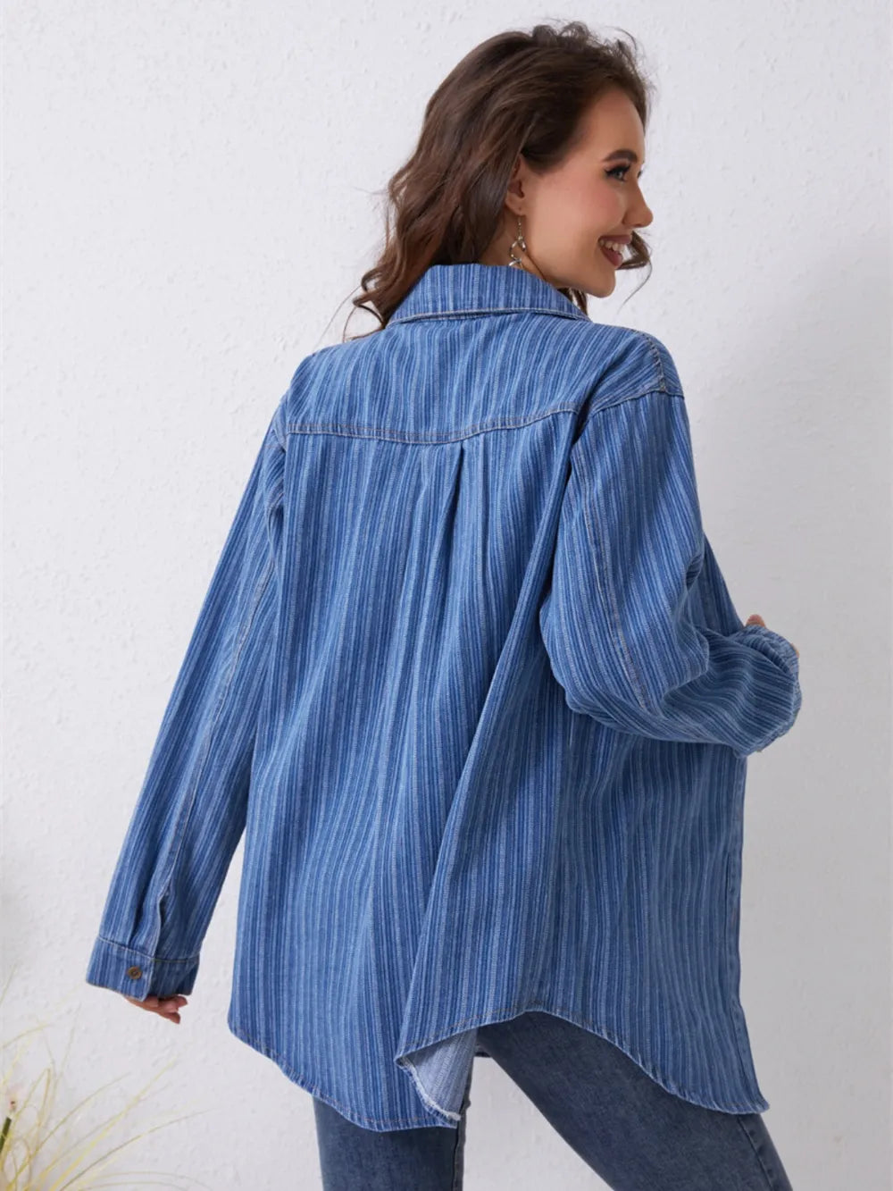Pocketed Striped Button Up Denim Shirt - Premium Women / Jeans & Denim from Trendsi - Just $47! Shop now at Handbags Specialist Headquarter