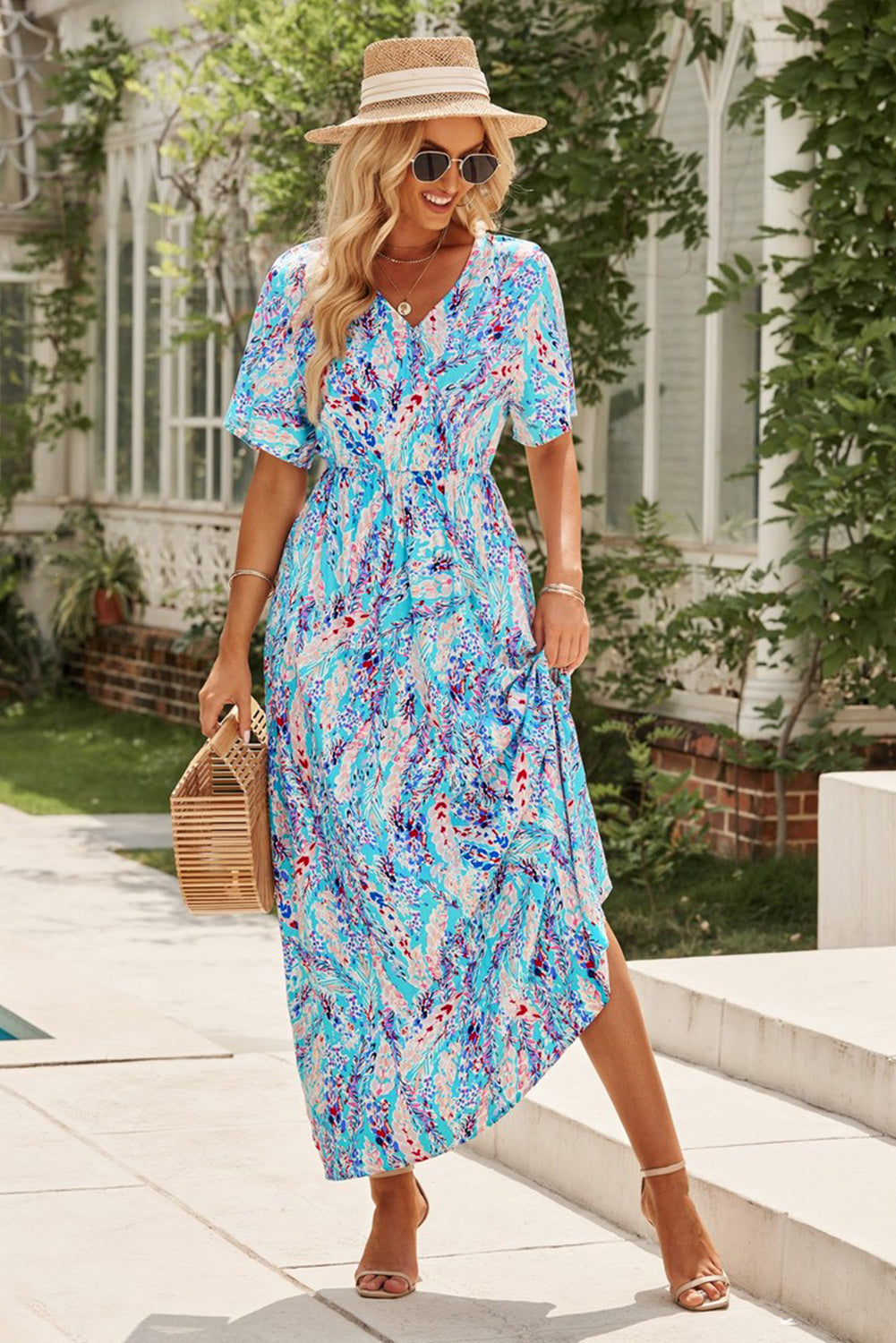 Multicolored V-Neck Maxi Dress - Premium Maxi Dress from Trendsi - Just $38.99! Shop now at Handbags Specialist Headquarter