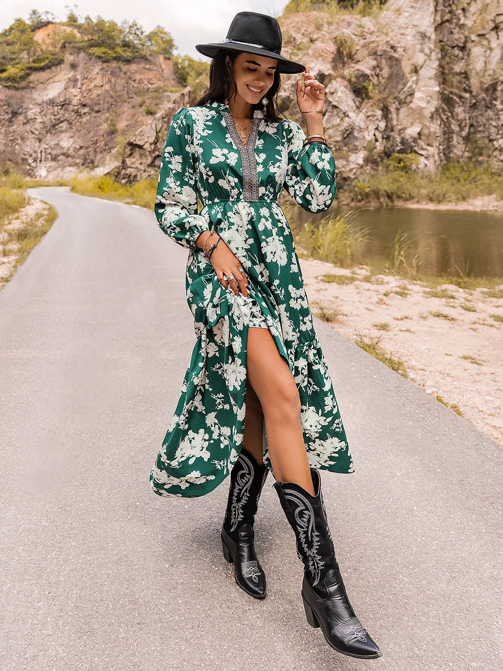 Printed Notched Neck Maxi Dress - Premium Maxi Dress from Trendsi - Just $49.99! Shop now at Handbags Specialist Headquarter