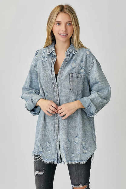 RISEN Distressed Raw Hem Denim Shirt - Premium Women / Jeans & Denim from Trendsi - Just $53.10! Shop now at Handbags Specialist Headquarter