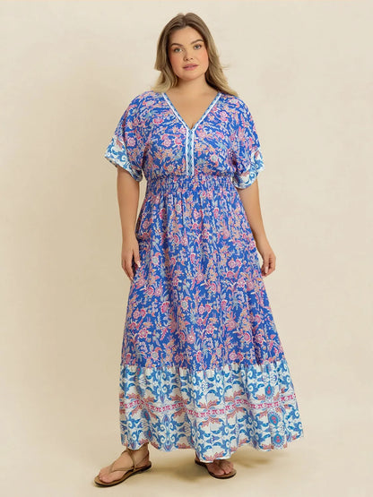 Plus Size Smocked Printed Half Sleeve Midi Dress - Premium Dresses from Trendsi - Just $43.99! Shop now at Handbags Specialist Headquarter