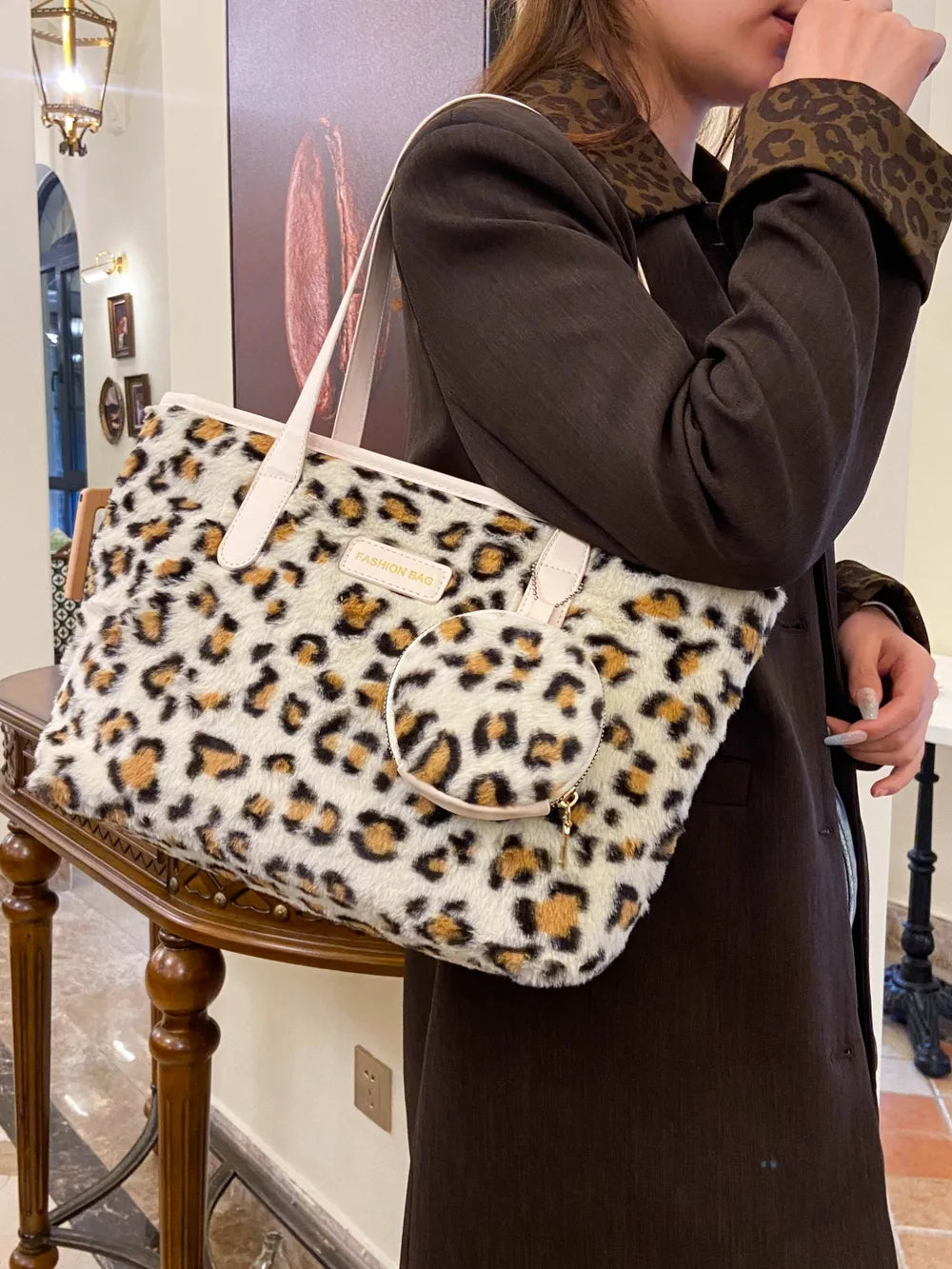 Leopard Faux Fur Tote Bag with Coin Purse - Premium Tote Bag from Trendsi - Just $39.99! Shop now at Handbags Specialist Headquarter