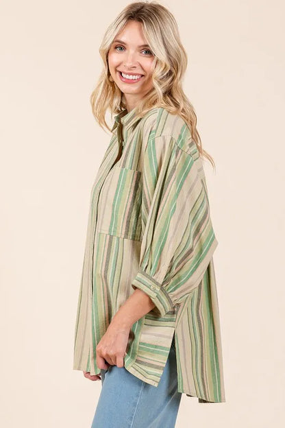 Mittoshop Striped Bubble Sleeve Button Down Shirt - Premium Women's Down Shirt Tops from Trendsi - Just $43.10! Shop now at Handbags Specialist Headquarter