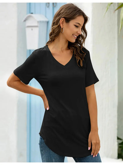 Full Size Solid V-Neck Short Sleeve T-Shirt Plus Size.