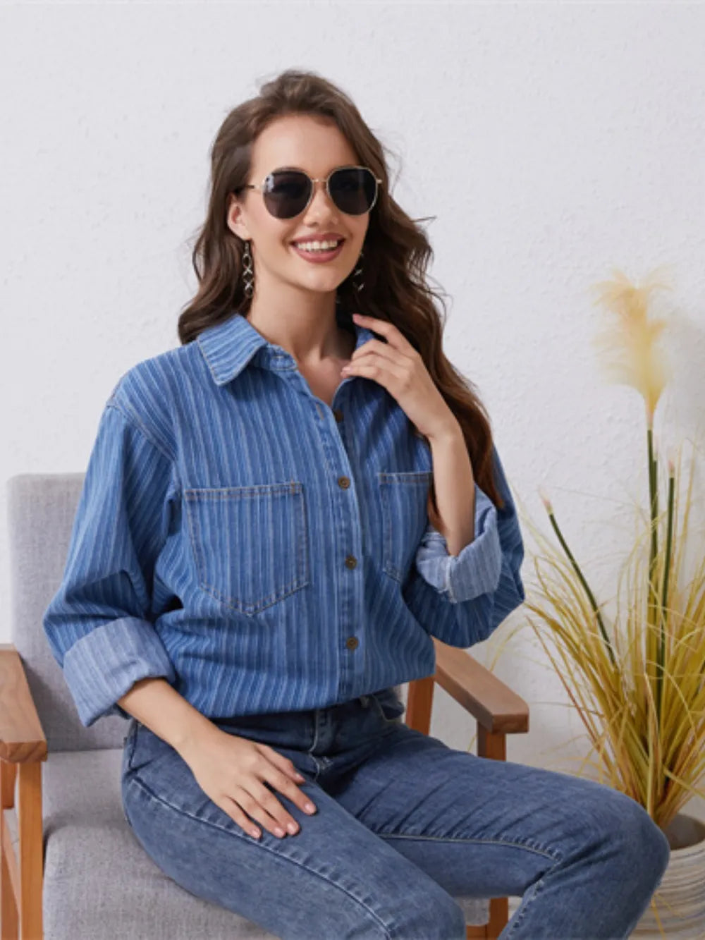 Pocketed Striped Button Up Denim Shirt - Premium Women / Jeans & Denim from Trendsi - Just $47! Shop now at Handbags Specialist Headquarter