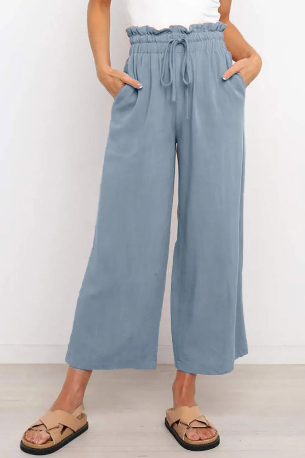 Drawstring Paperbag Waist Wide Leg Pants - Premium Women Pants from Trendsi - Just $31.99! Shop now at Handbags Specialist Headquarter