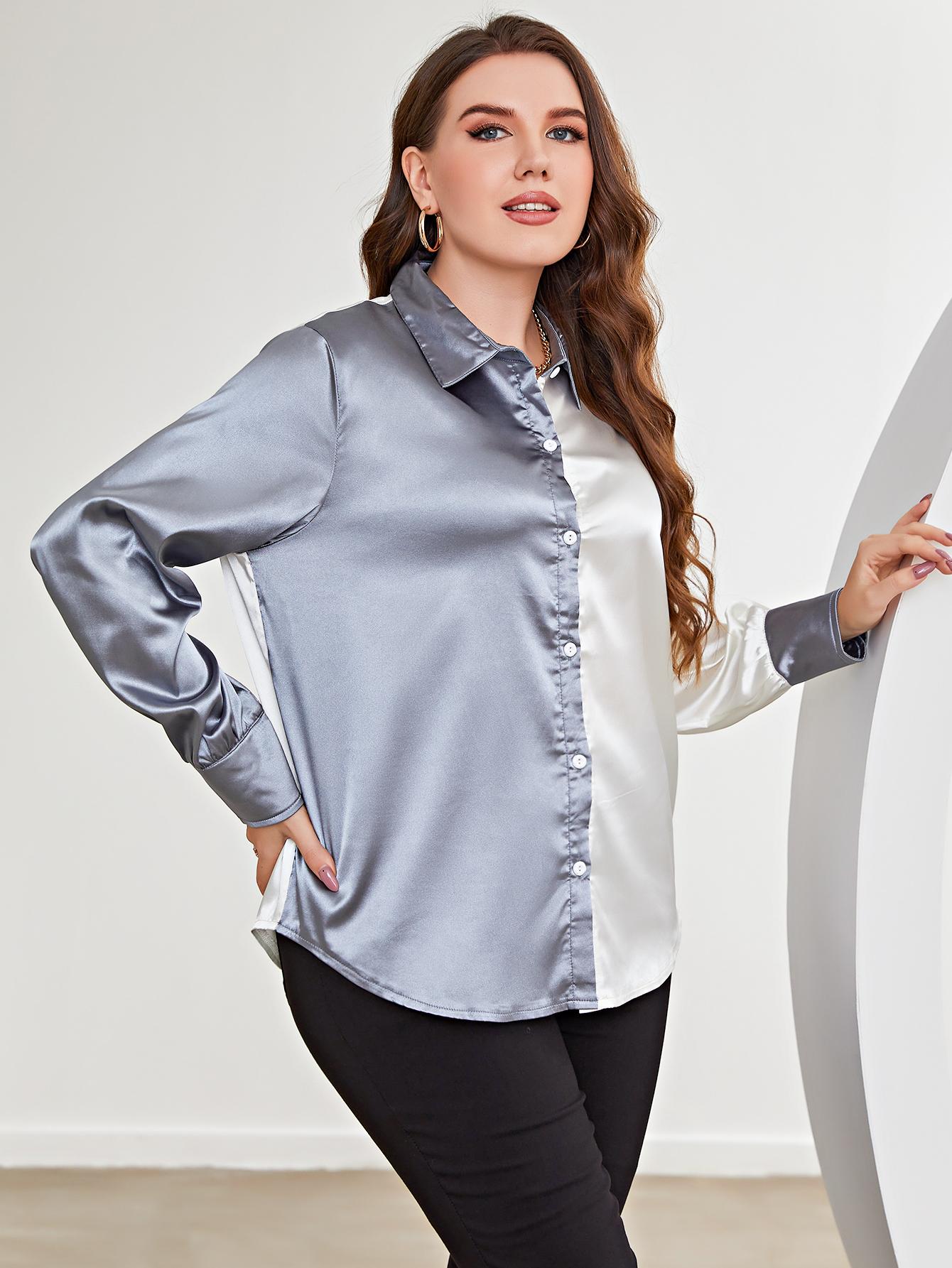 Plus Size Two-Tone Long Sleeve Shirt - Premium Plus Size Shirts from Trendsi - Just $28! Shop now at Handbags Specialist Headquarter