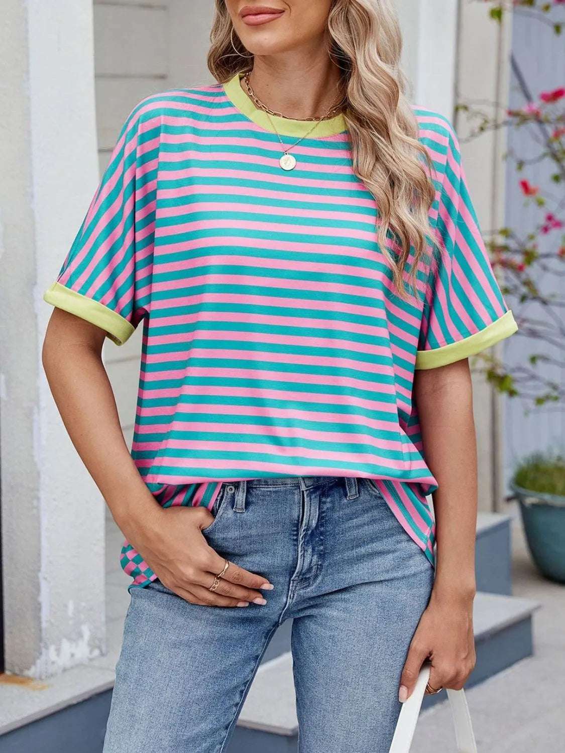 Striped Round Neck Half Sleeve T-Shirt - Premium Women / Tops from Trendsi - Just $19.34! Shop now at Handbags Specialist Headquarter