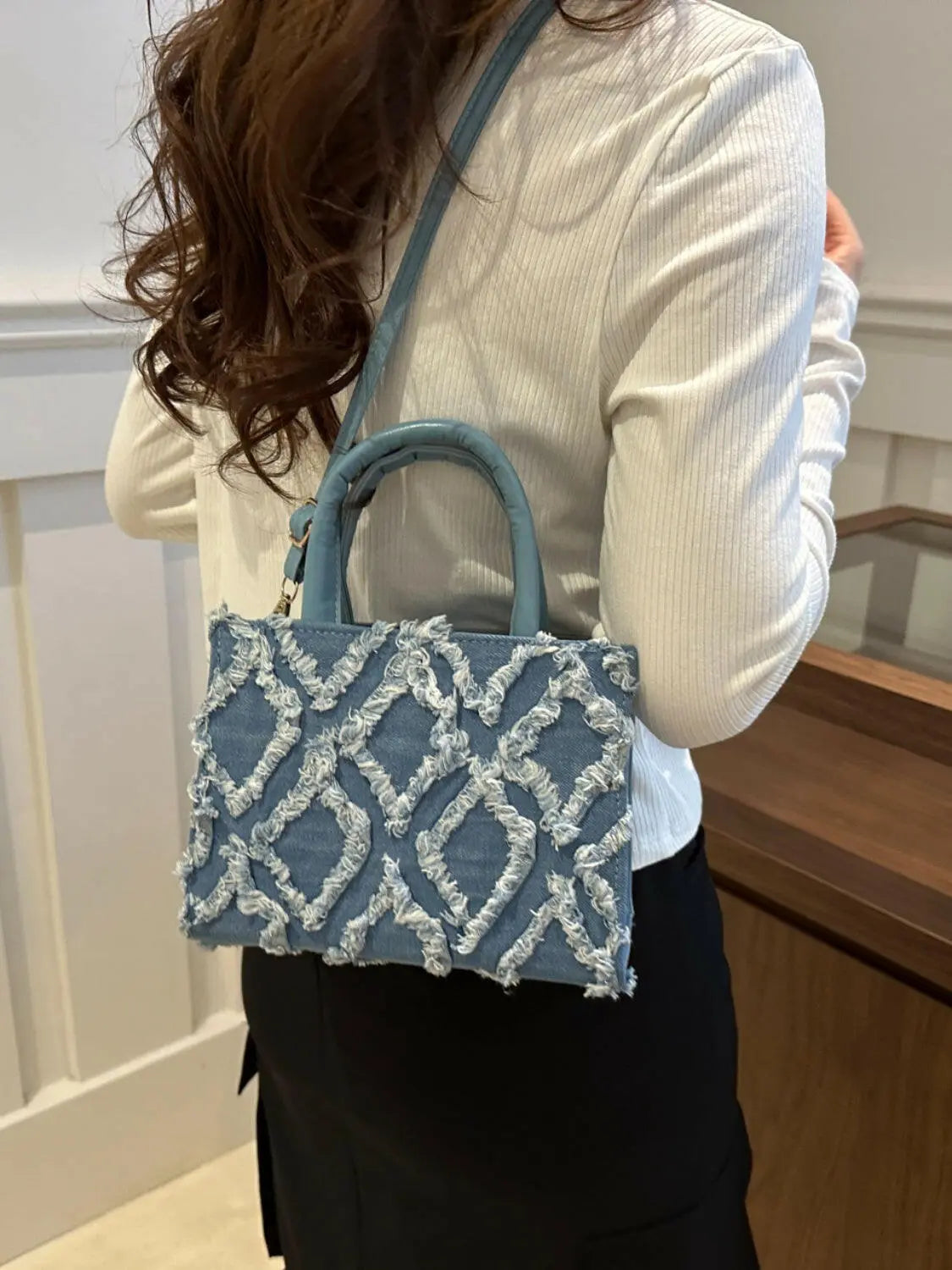 Raw Hem Denim PU Leather Handbag.