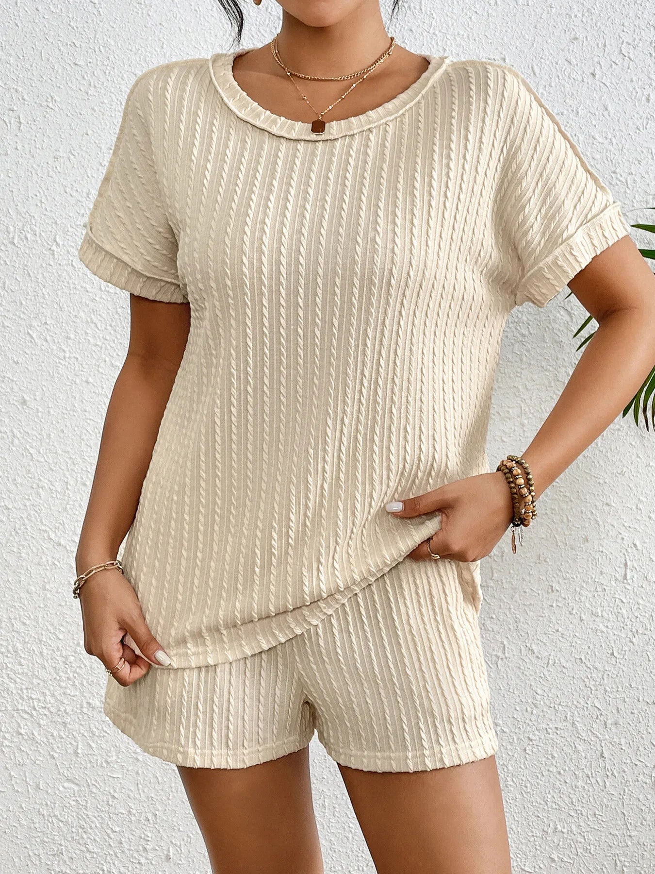 Texture Round Neck Top and Shorts Lounge Set - Premium Sleepwear from Trendsi - Just $39.99! Shop now at Handbags Specialist Headquarter